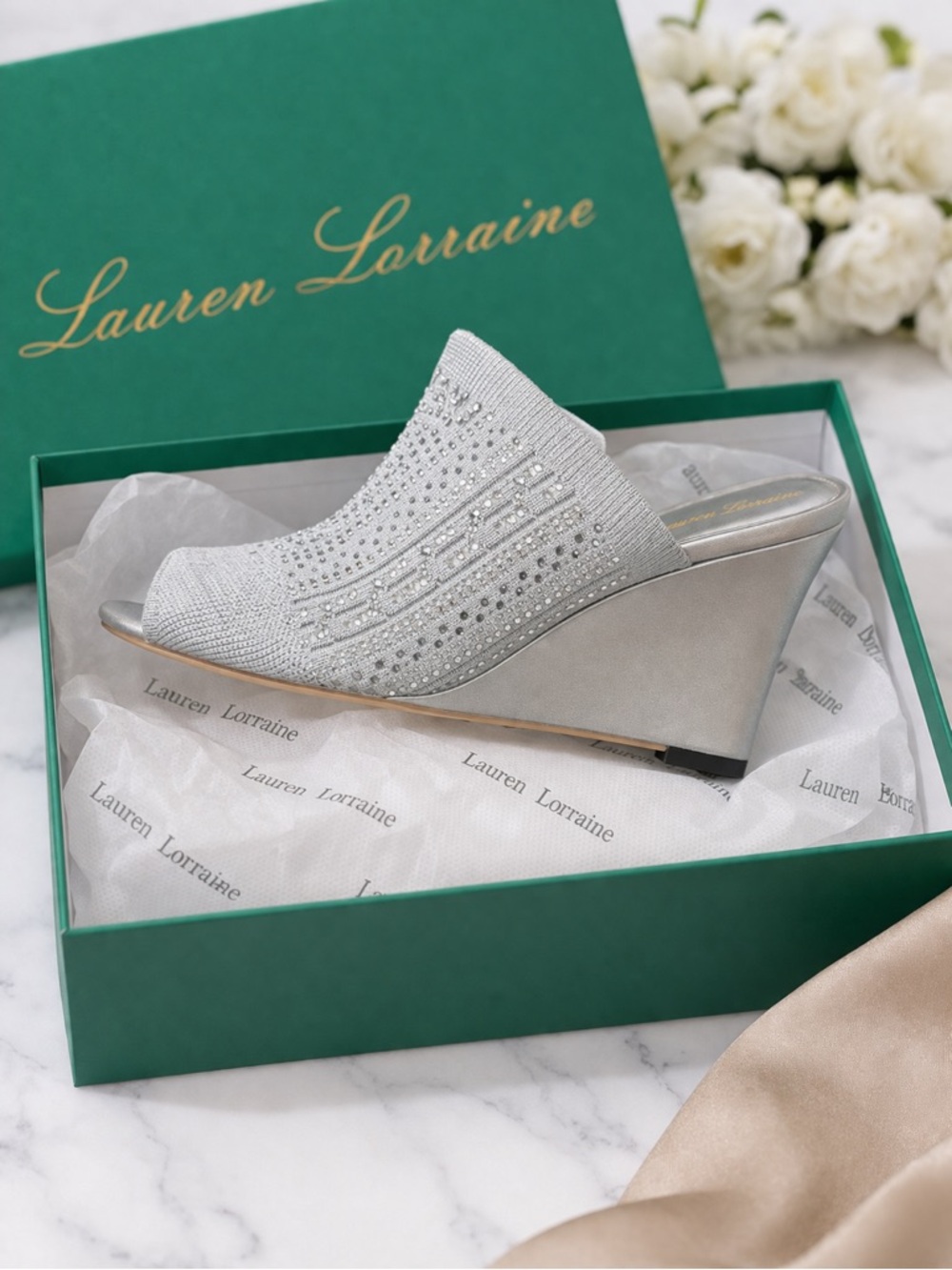 Lauren Lorraine Silver Crystal-Knit Wedge Mules